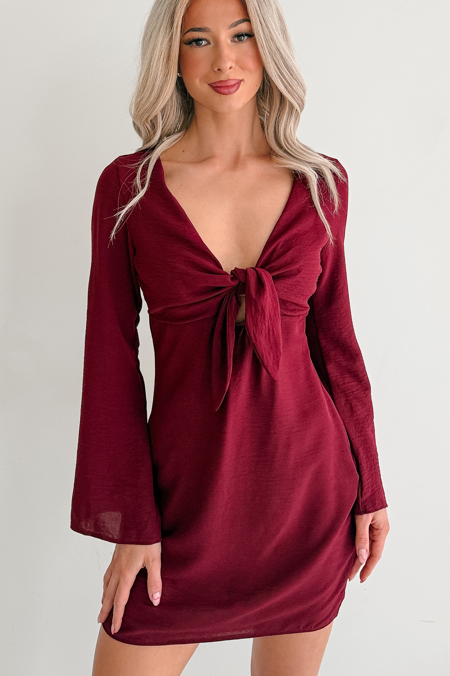 Women's Say You Will Long Flare Sleeve Front Tie Mini Dress in Burgundy - Size S Women's Say You Will Long Flare Sleeve Front Tie Mini Dress in Burgundy - Size S