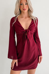 Say You Will Long Flare Sleeve Front Tie Mini Dress (Burgundy) - NanaMacs