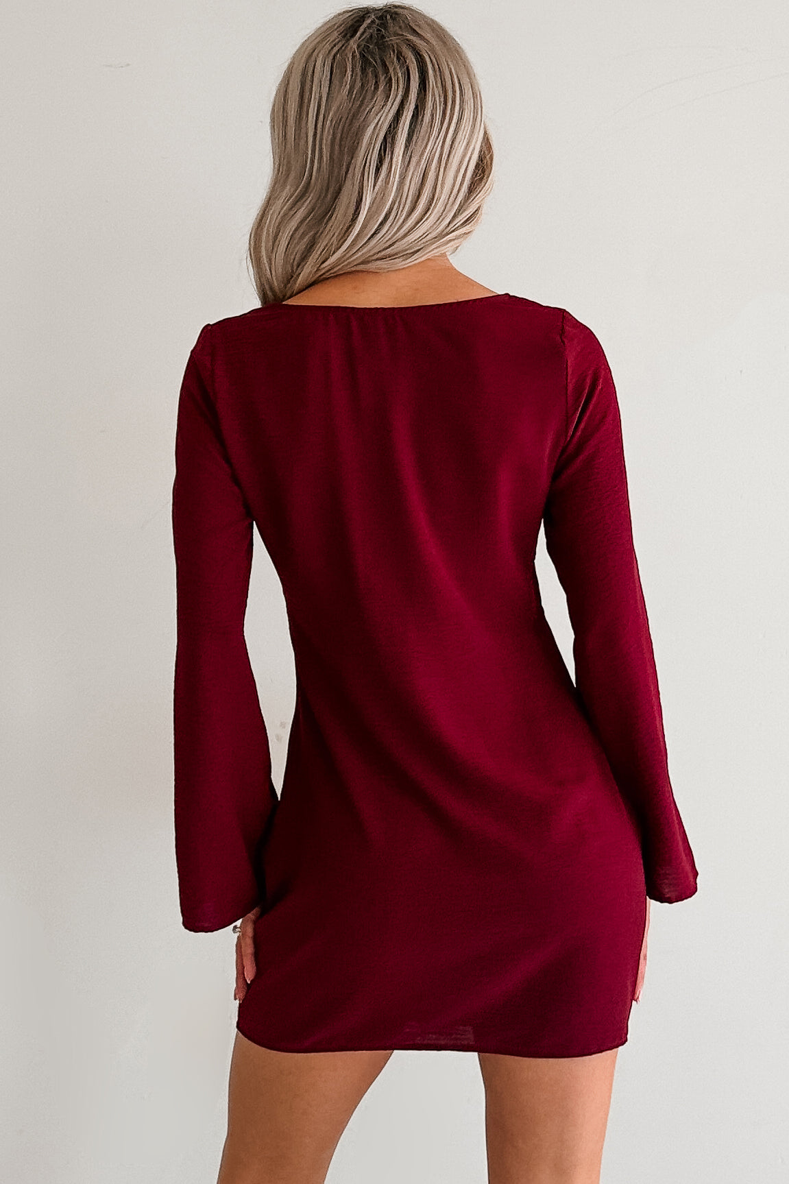 Women's Say You Will Long Flare Sleeve Front Tie Mini Dress in Burgundy - Size S Women's Say You Will Long Flare Sleeve Front Tie Mini Dress in Burgundy - Size S