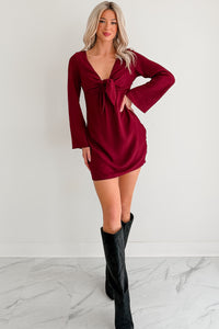 Say You Will Long Flare Sleeve Front Tie Mini Dress (Burgundy) - NanaMacs