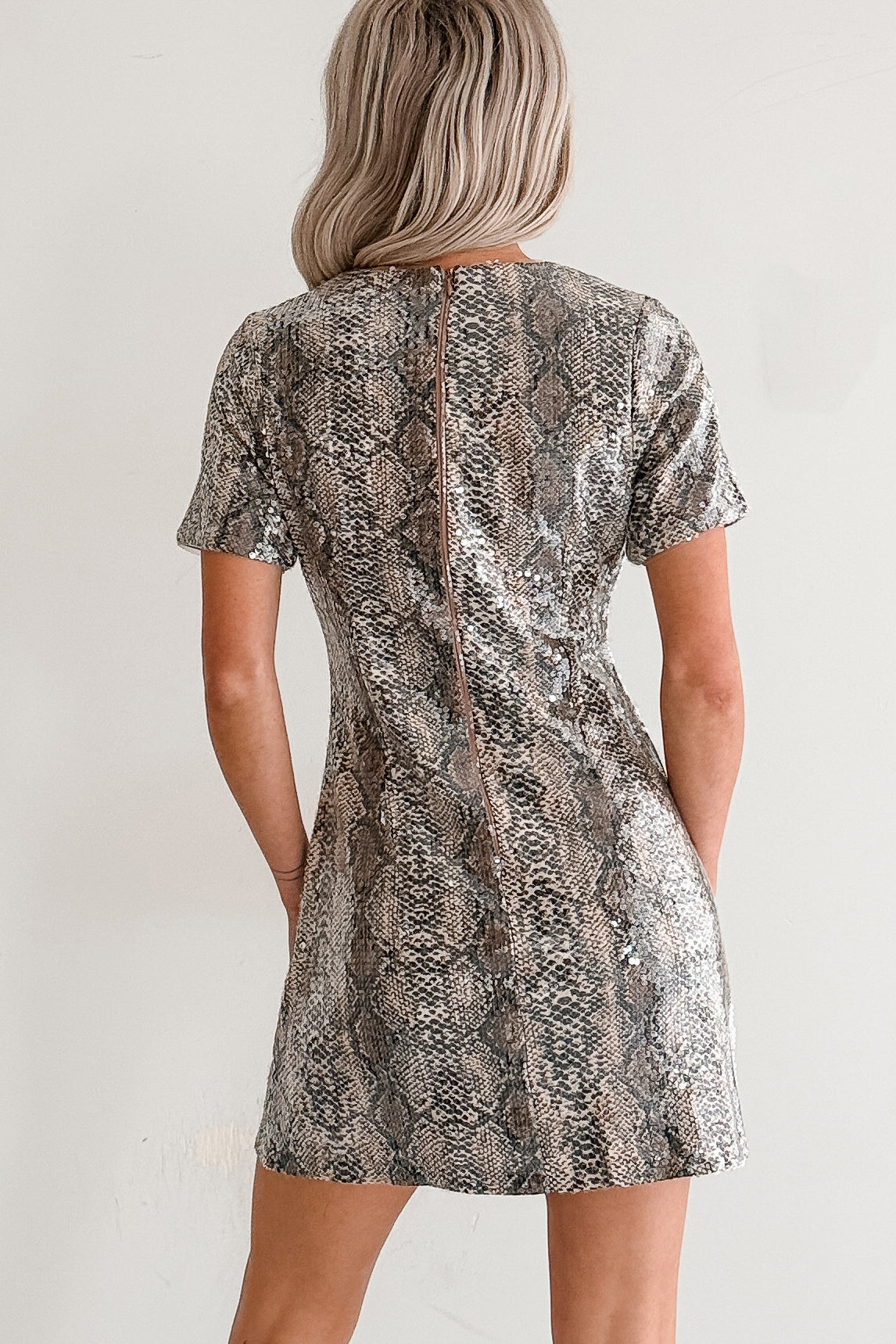 Moved Along Sequin Snakeskin Print Mini Dress (Black/Taupe/Clear) - NanaMacs