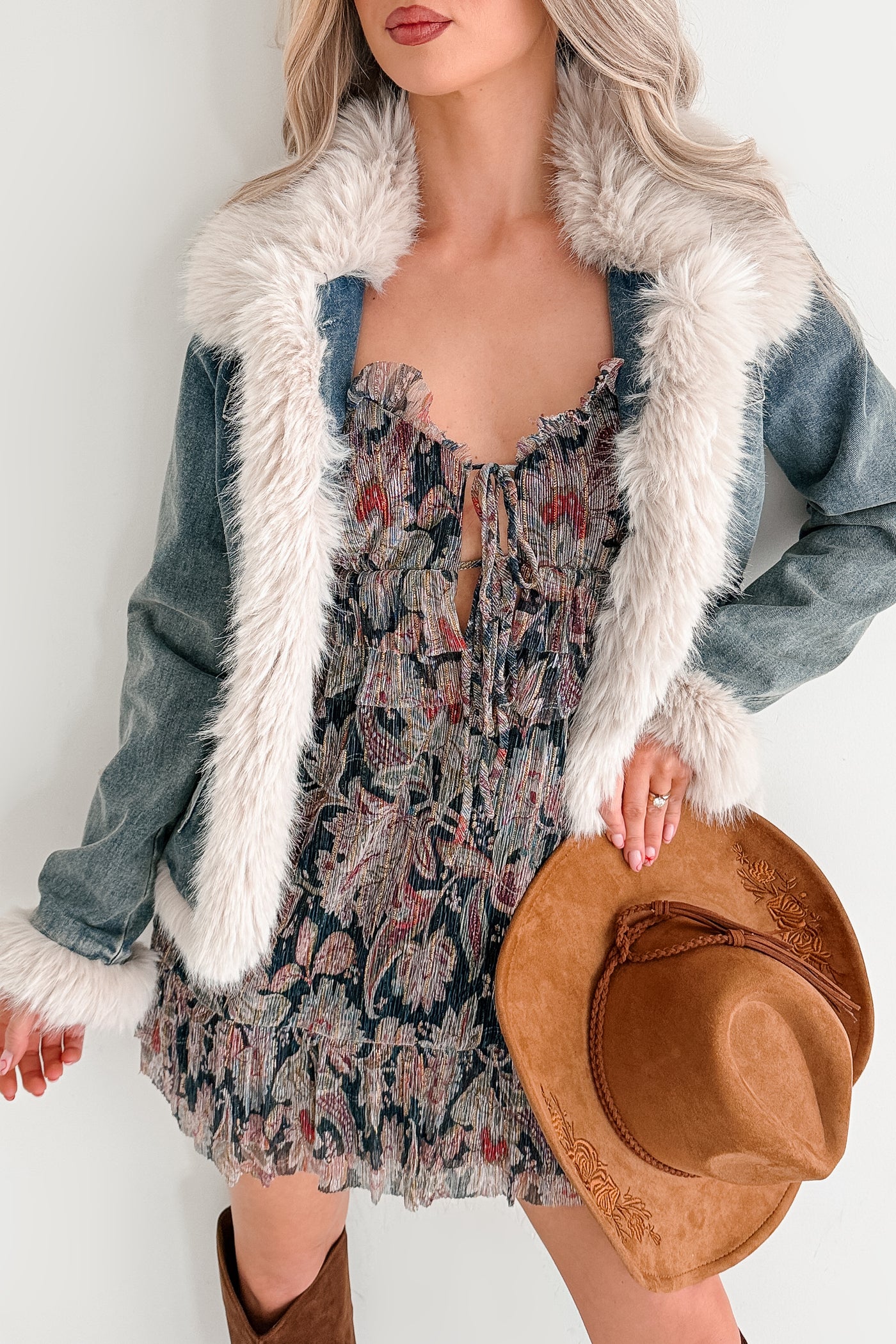 Easy Talker Faux Fur Trim Denim Coat (Denim Blue) - NanaMacs