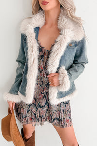 Easy Talker Faux Fur Trim Denim Coat (Denim Blue) - NanaMacs