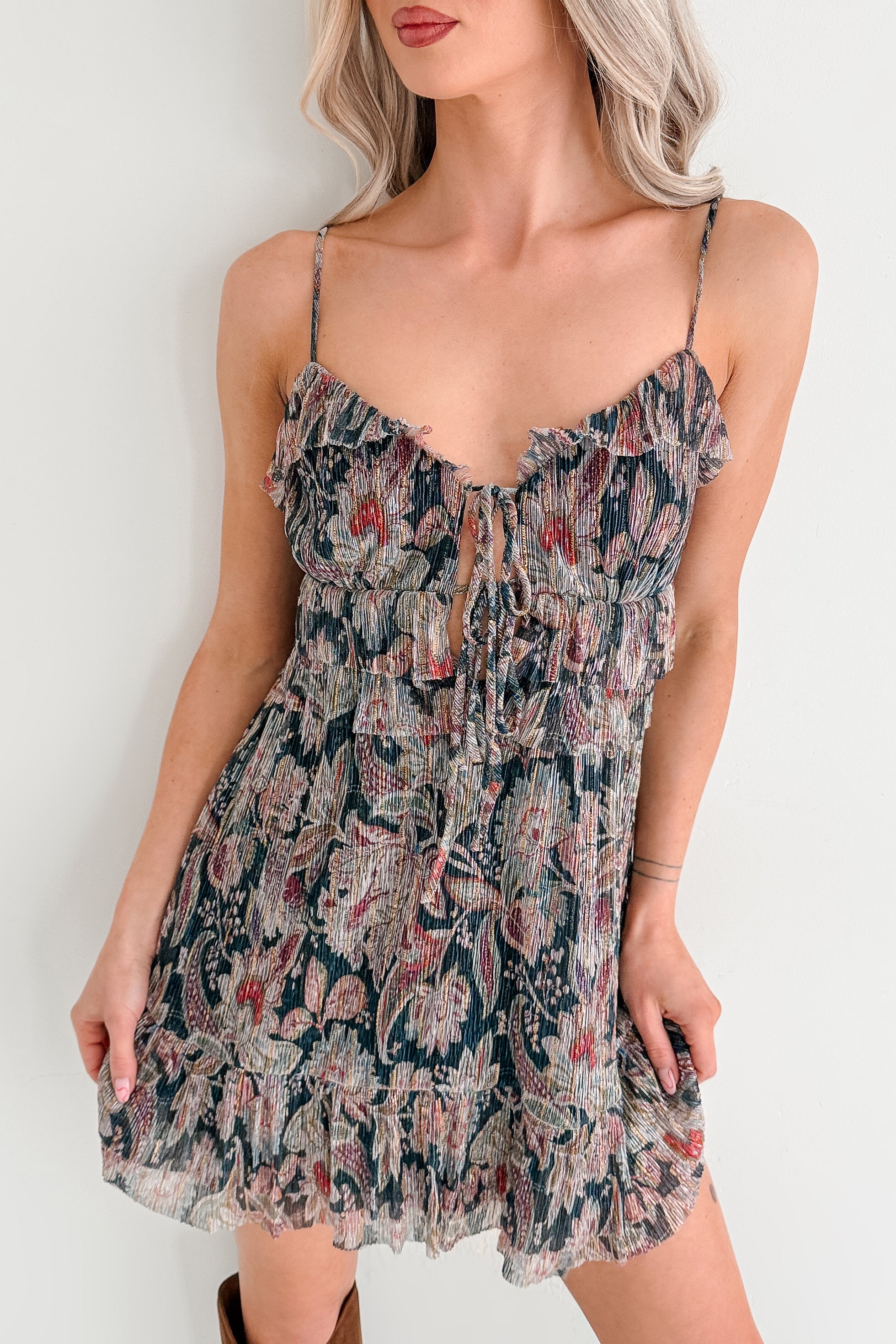 Metallic Floral Plisse Front Tie Mini Dress (Navy Multi) - NanaMacs