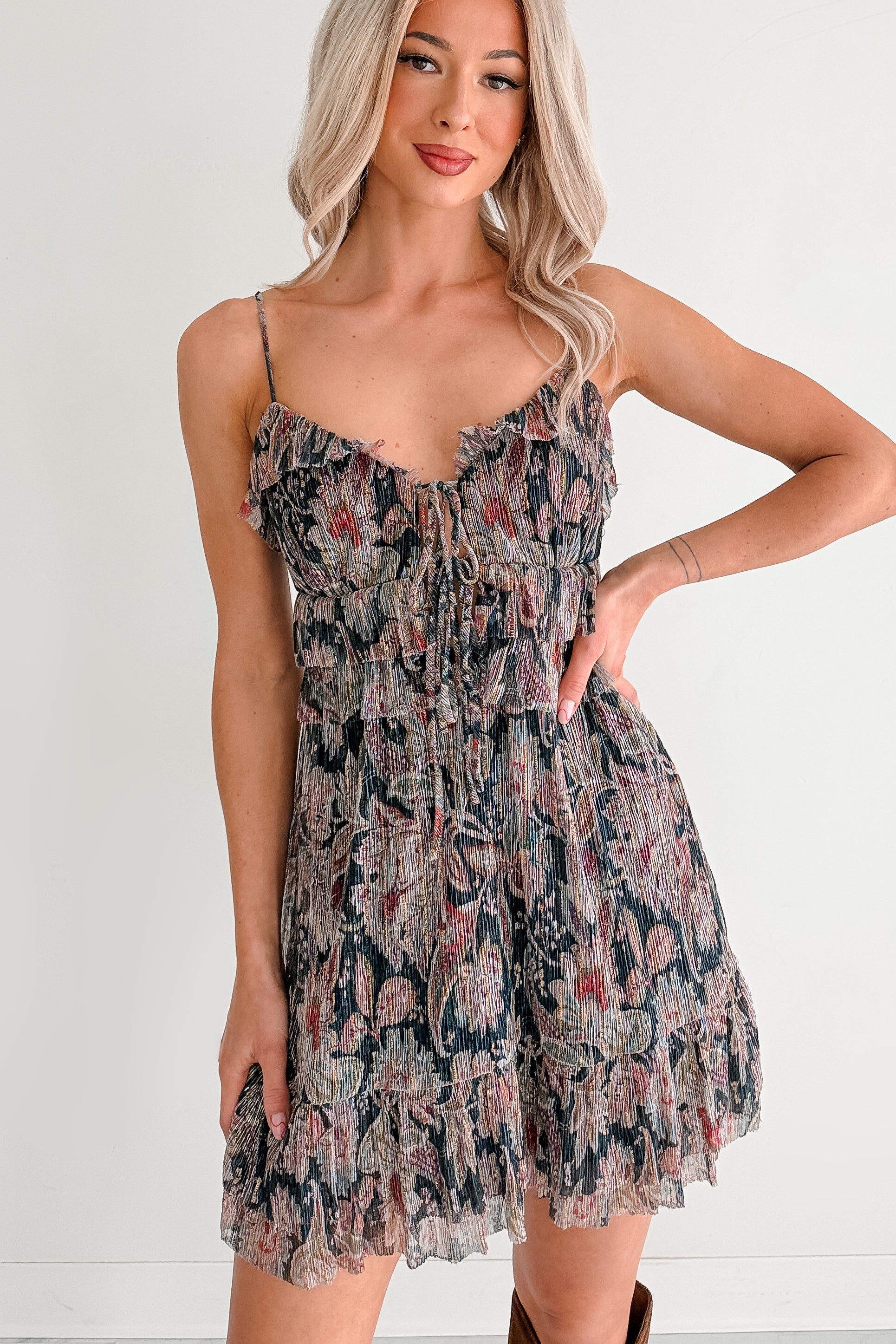 Metallic Floral Plisse Front Tie Mini Dress (Navy Multi) - NanaMacs