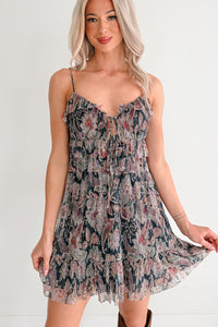 Metallic Floral Plisse Front Tie Mini Dress (Navy Multi) - NanaMacs