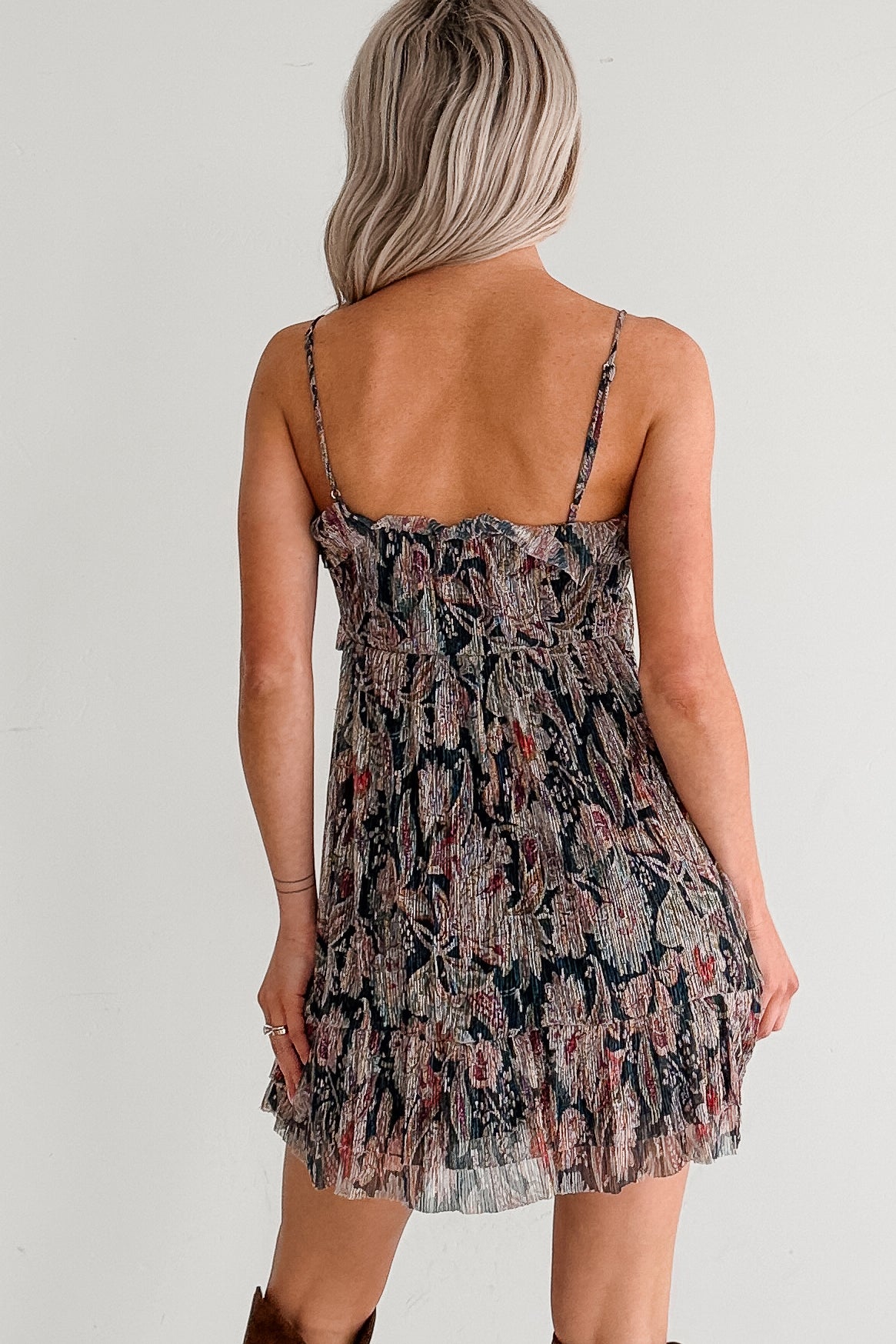 Metallic Floral Plisse Front Tie Mini Dress (Navy Multi) - NanaMacs