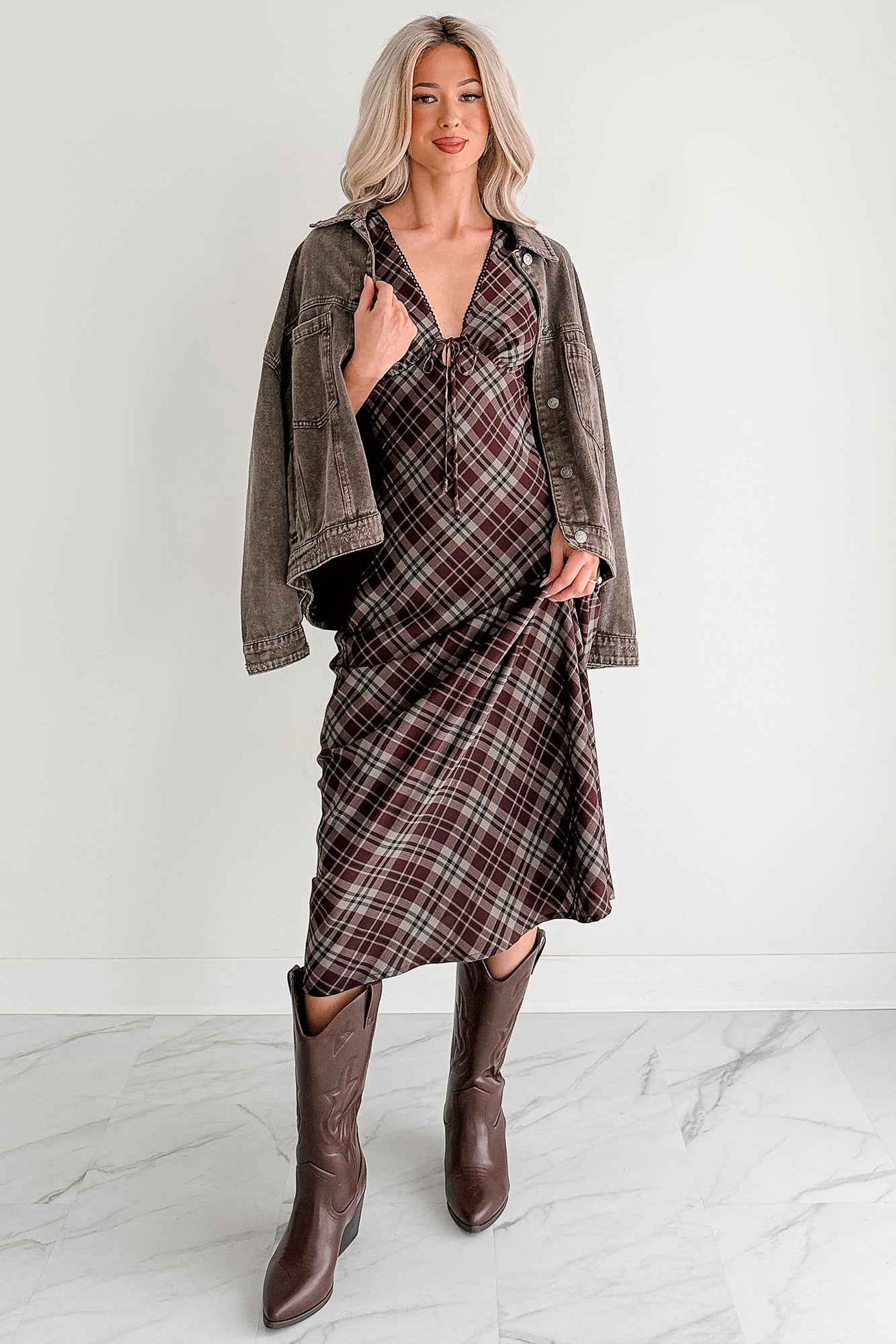 Good Mistake Plaid Deep V-Neck Midi Dress (Burgundy/Taupe) - NanaMacs