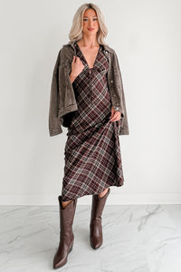 Good Mistake Plaid Deep V-Neck Midi Dress (Burgundy/Taupe) - NanaMacs