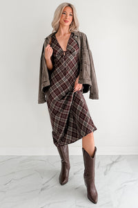 Good Mistake Plaid Deep V-Neck Midi Dress (Burgundy/Taupe) - NanaMacs