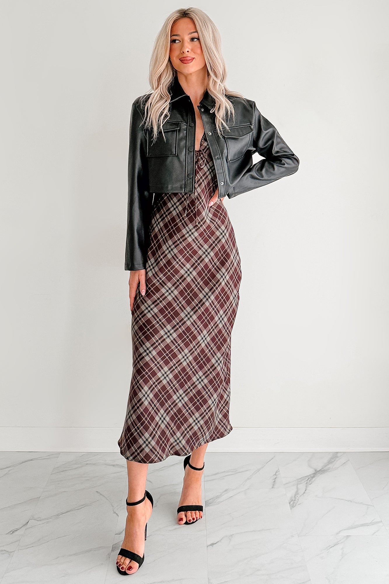 tartan leather dress Printed Plaid Ponte Shift Dress with Faux Leather Trim