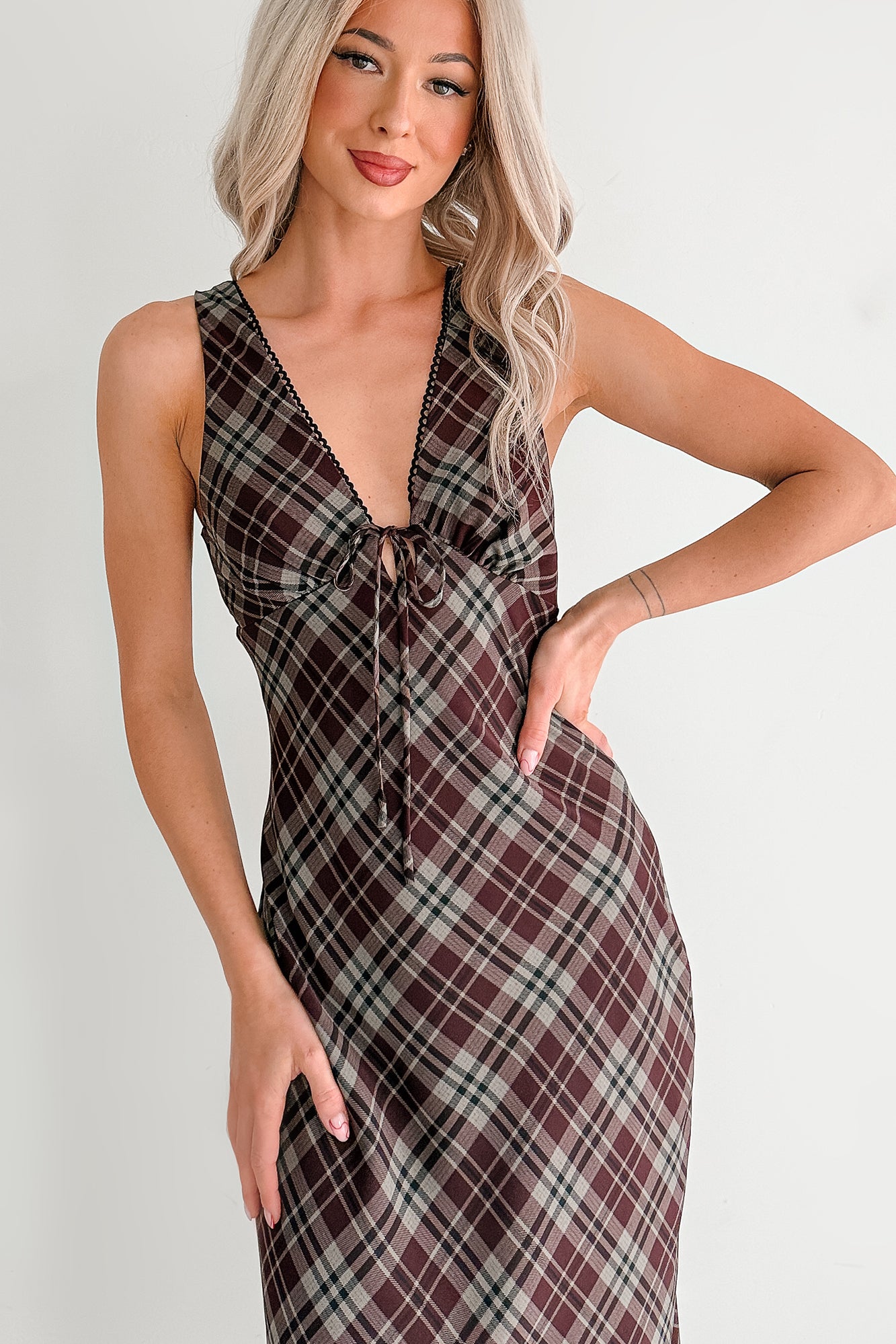 nightingale plaid midi dress Le Lis Women's Good Mistake Plaid Deep V-Neck Midi Dress in Burgundy/Taupe