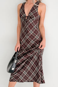 Good Mistake Plaid Deep V-Neck Midi Dress (Burgundy/Taupe) - NanaMacs