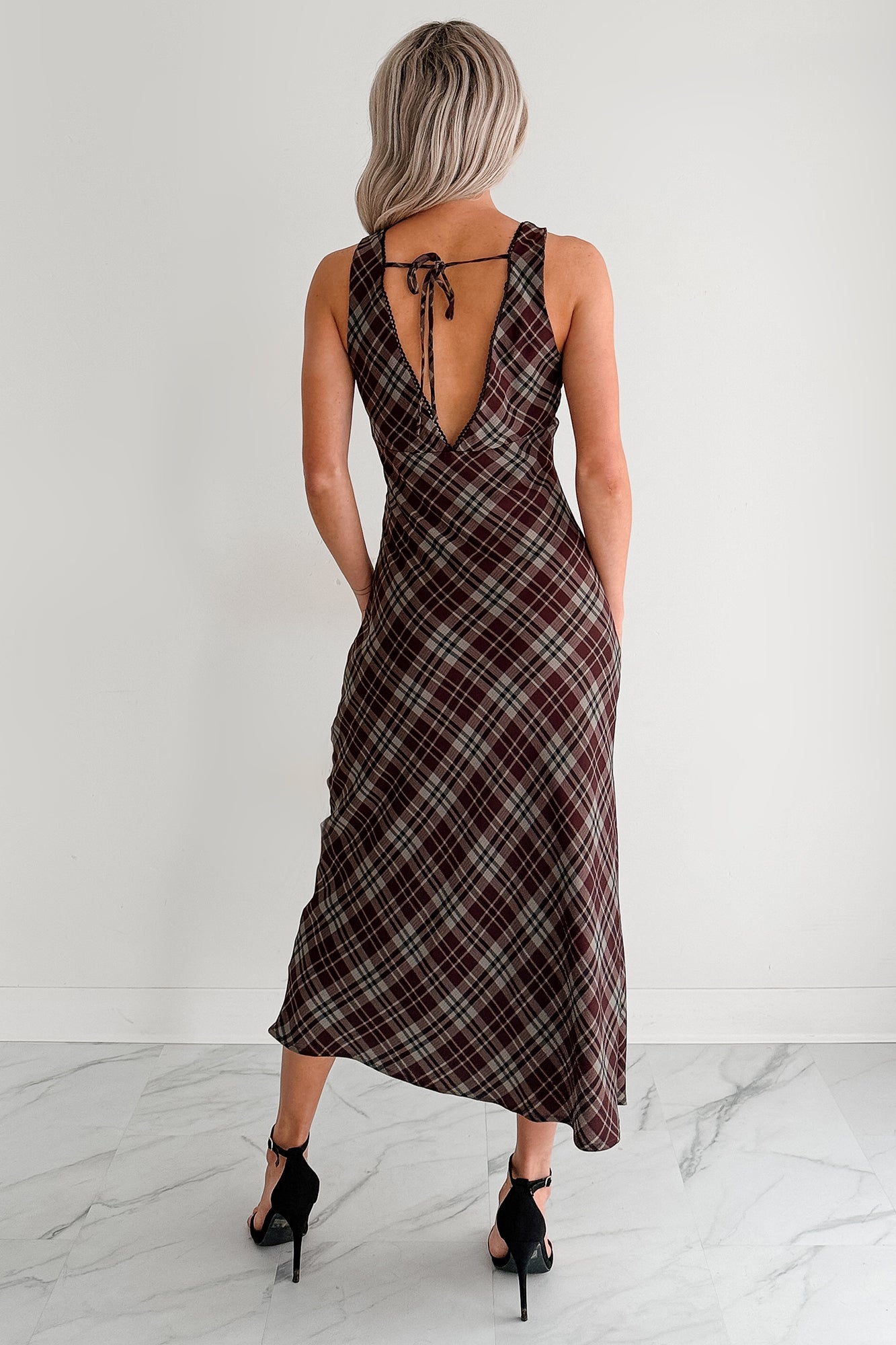 Good Mistake Plaid Deep V-Neck Midi Dress (Burgundy/Taupe) - NanaMacs