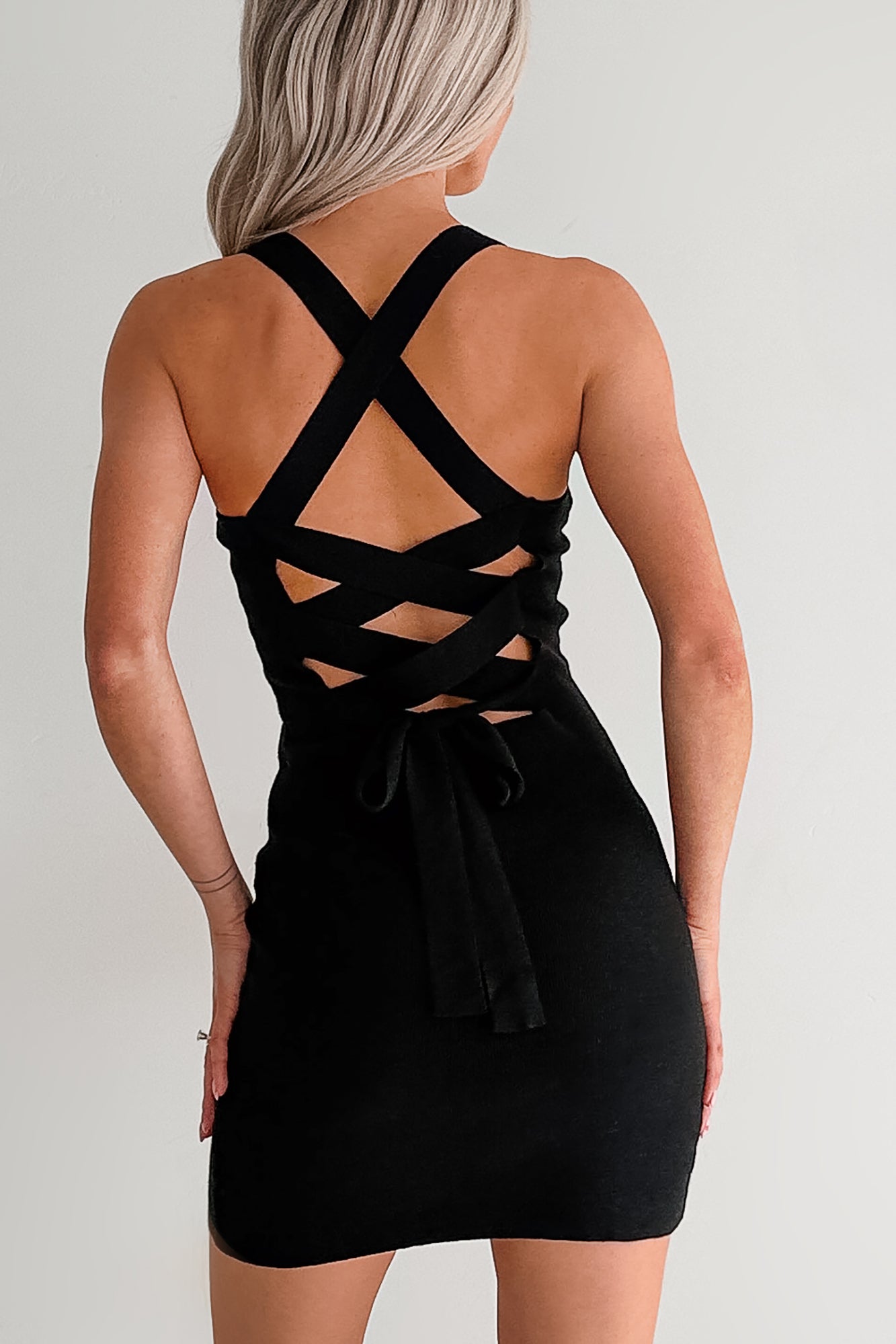 Best Of Luck Criss Cross Back Strap Bodycon Mini Dress (Black) - NanaMacs