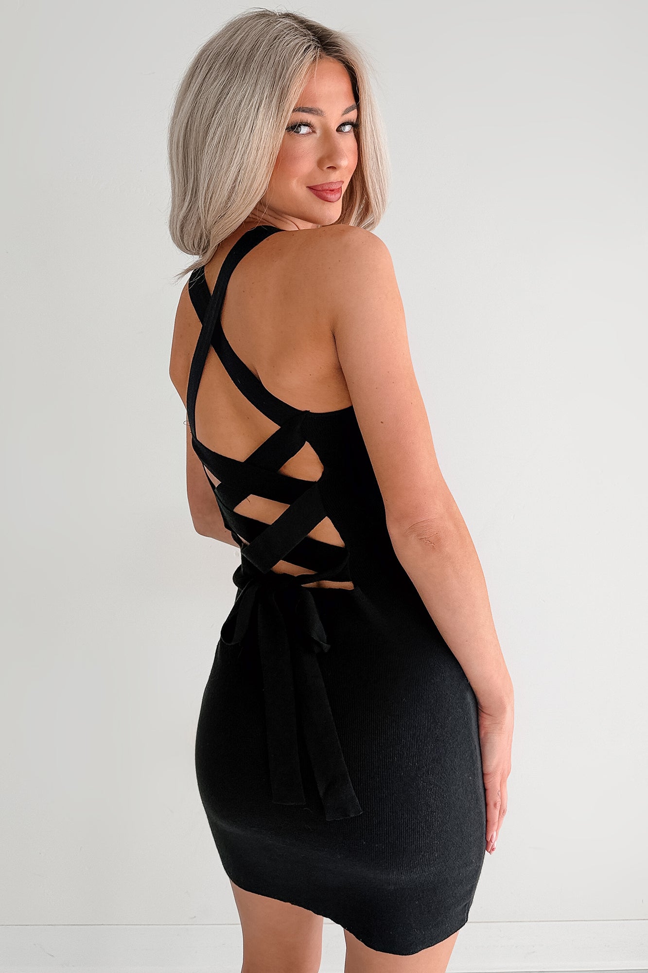 Women's Best Of Luck Criss Cross Back Strap Bodycon Mini Dress in Black