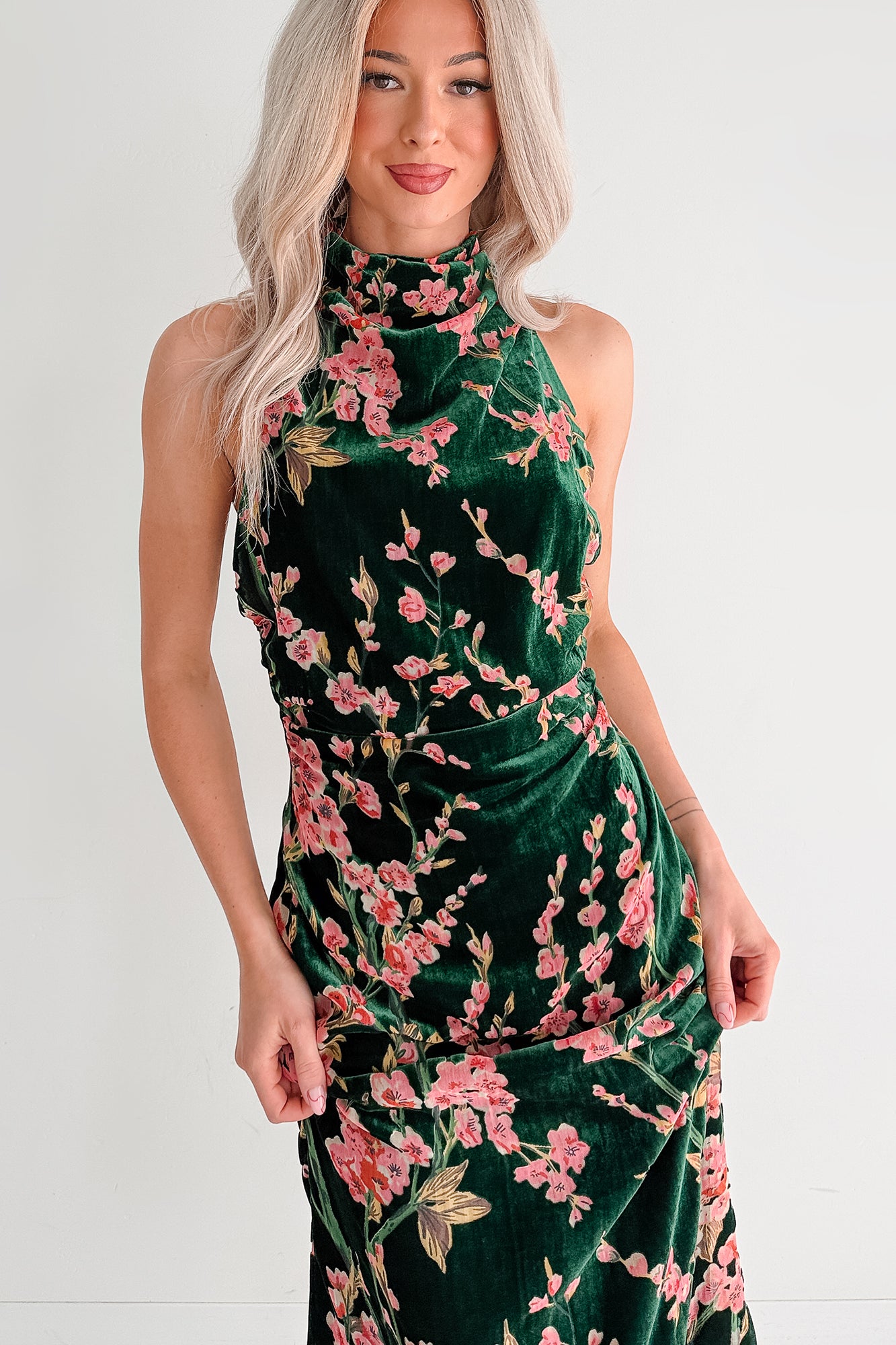 Without You Velvet Cherry Blossom Midi Dress (Green Floral) - NanaMacs