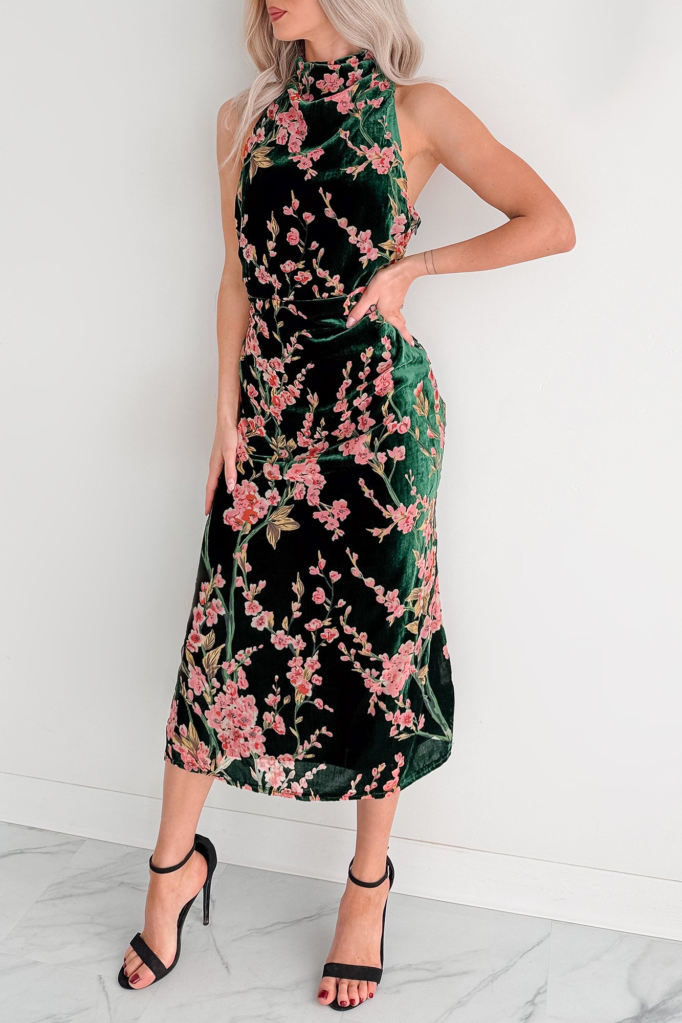 Without You Velvet Cherry Blossom Midi Dress (Green Floral) - NanaMacs