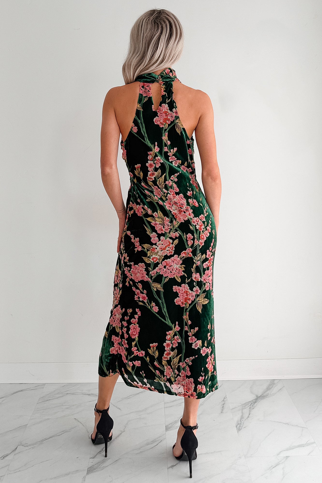 Without You Velvet Cherry Blossom Midi Dress (Green Floral) - NanaMacs