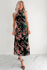 Without You Velvet Cherry Blossom Midi Dress (Green Floral) - NanaMacs