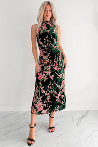 Without You Velvet Cherry Blossom Midi Dress (Green Floral) - NanaMacs