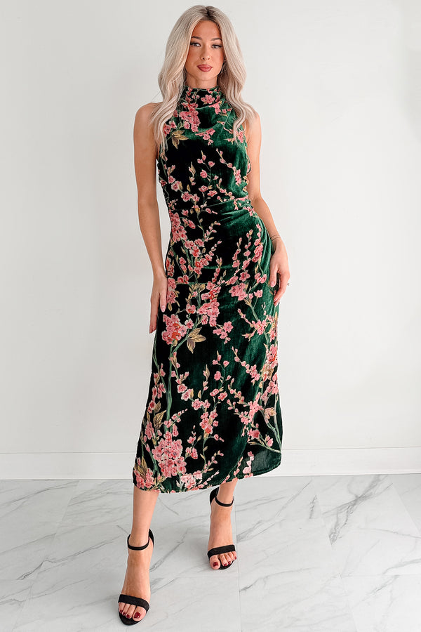 Without You Velvet Cherry Blossom Midi Dress (Green Floral)