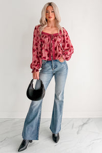 Dream In Bloom Lace Trim Open Tie Front Top (Mauve Floral) - NanaMacs
