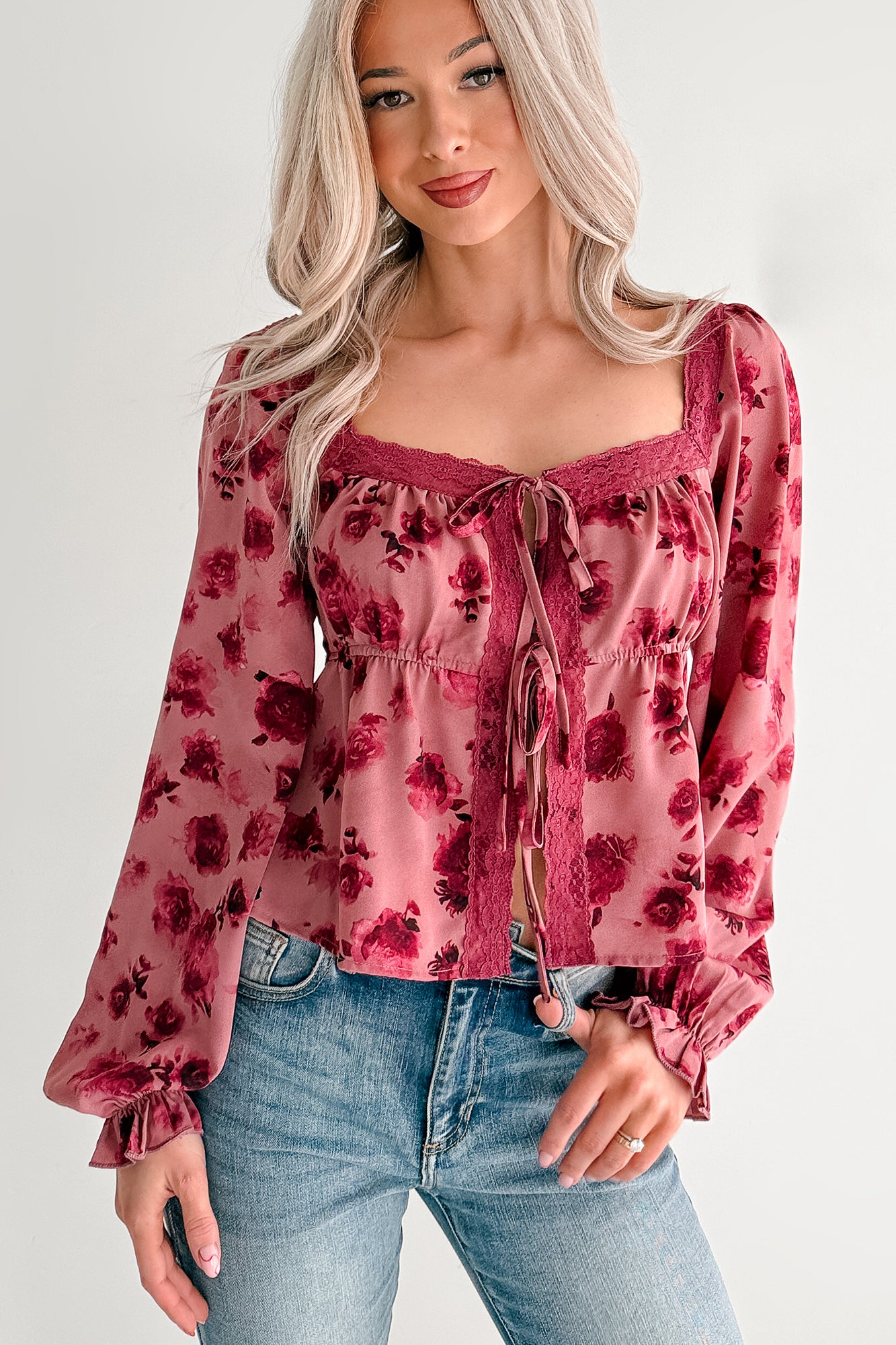 Dream In Bloom Lace Trim Open Tie Front Top (Mauve Floral) · NanaMacs