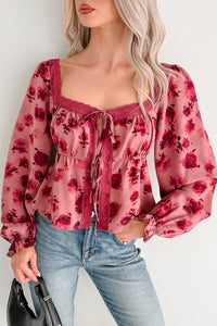 Dream In Bloom Lace Trim Open Tie Front Top (Mauve Floral) - NanaMacs