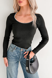 Piece Of Me Rib Knit Contrast Stitch Fitted Long Sleeve Top (Black) - NanaMacs