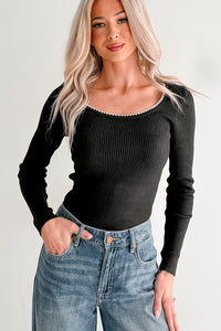 Piece Of Me Rib Knit Contrast Stitch Fitted Long Sleeve Top (Black) - NanaMacs