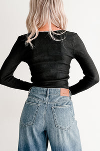 Piece Of Me Rib Knit Contrast Stitch Fitted Long Sleeve Top (Black) - NanaMacs