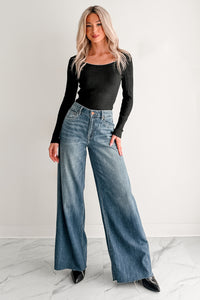 Piece Of Me Rib Knit Contrast Stitch Fitted Long Sleeve Top (Black) - NanaMacs