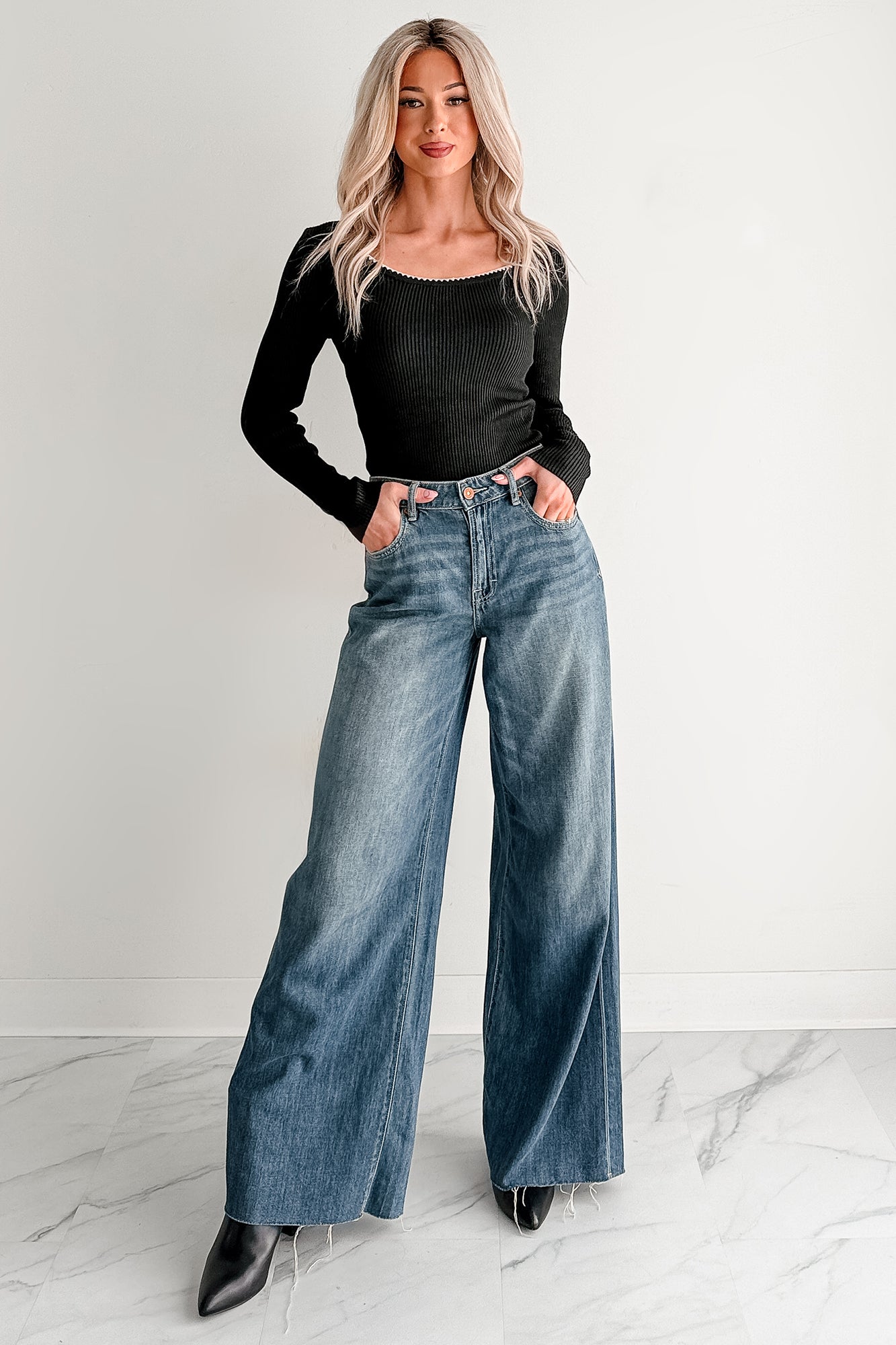 Piece Of Me Rib Knit Contrast Stitch Fitted Long Sleeve Top (Black) - NanaMacs