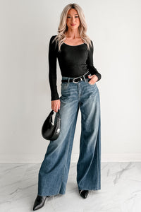 Piece Of Me Rib Knit Contrast Stitch Fitted Long Sleeve Top (Black) - NanaMacs