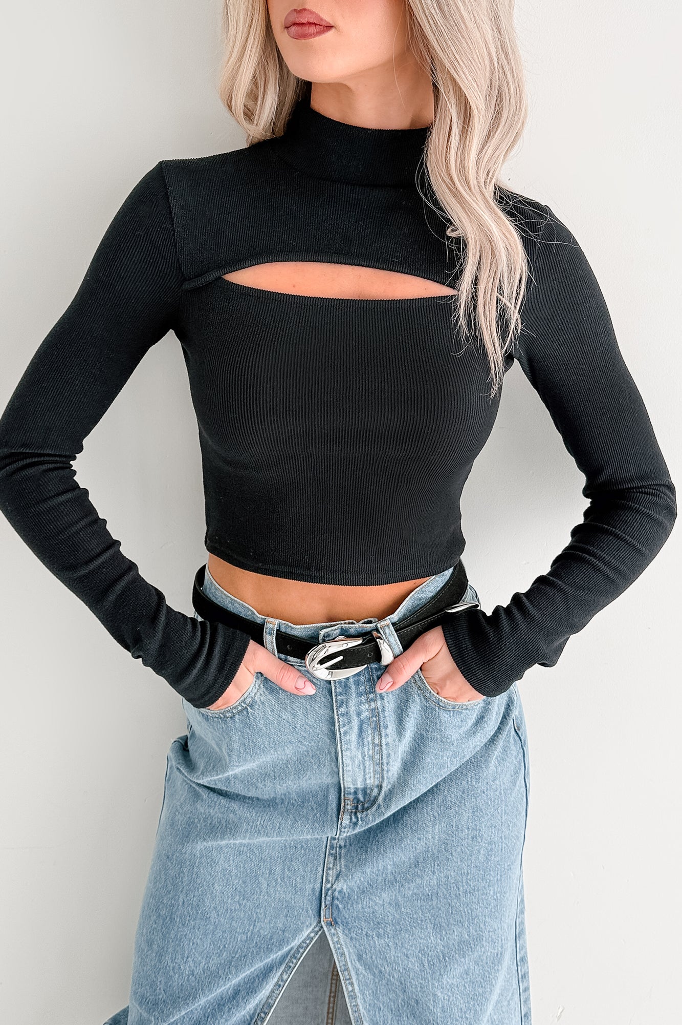 Leigh Long Sleeve Peekaboo Mock Neck Top (Black) - NanaMacs