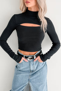 Leigh Long Sleeve Peekaboo Mock Neck Top (Black) - NanaMacs