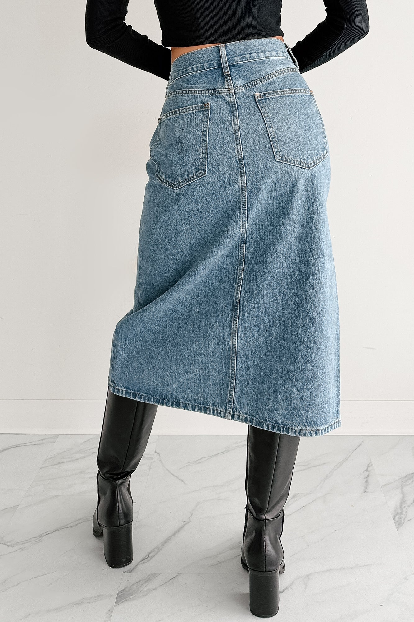 Stay Always Front Slit Midi Skirt (Medium Denim) - NanaMacs