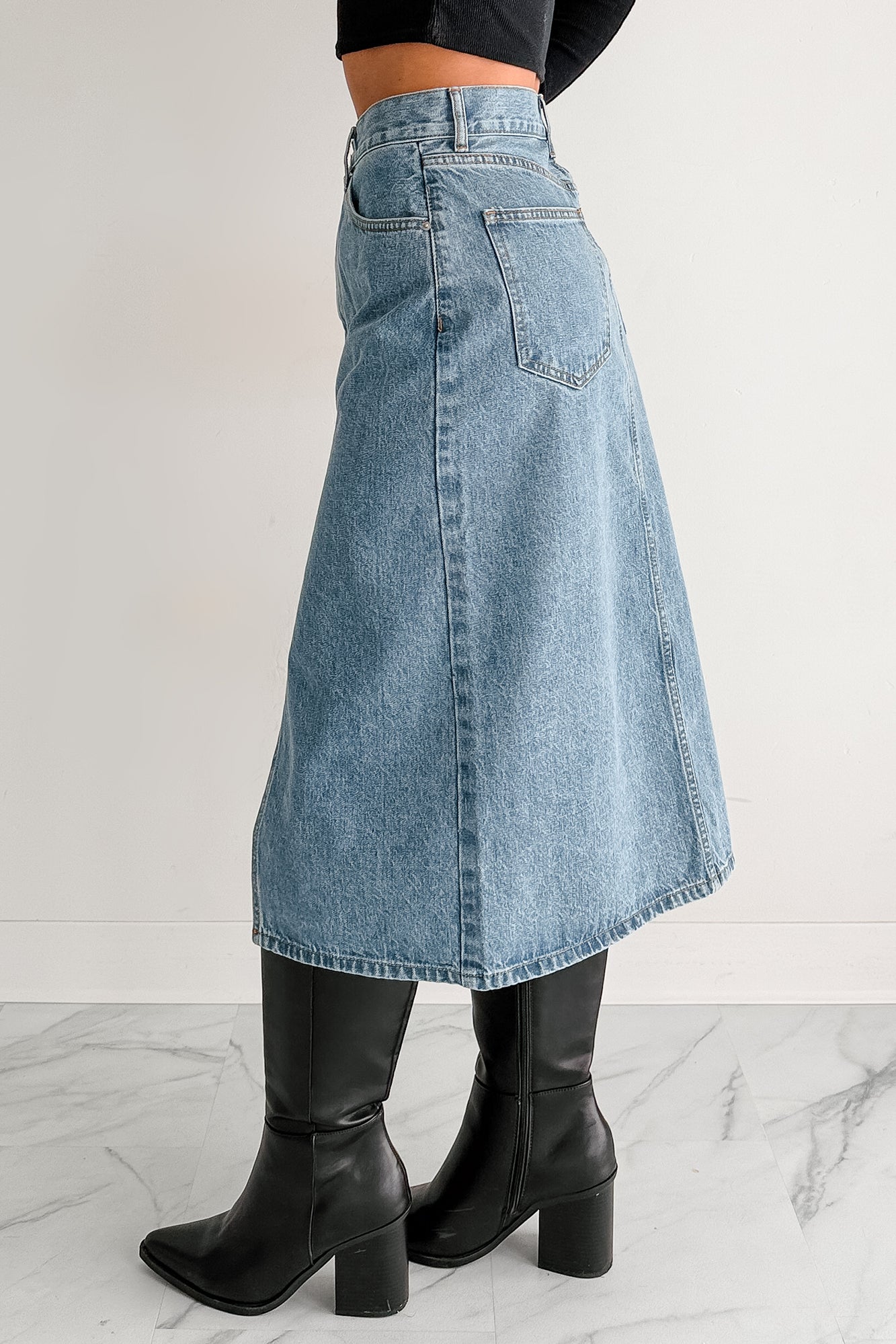 Stay Always Front Slit Midi Skirt (Medium Denim) - NanaMacs