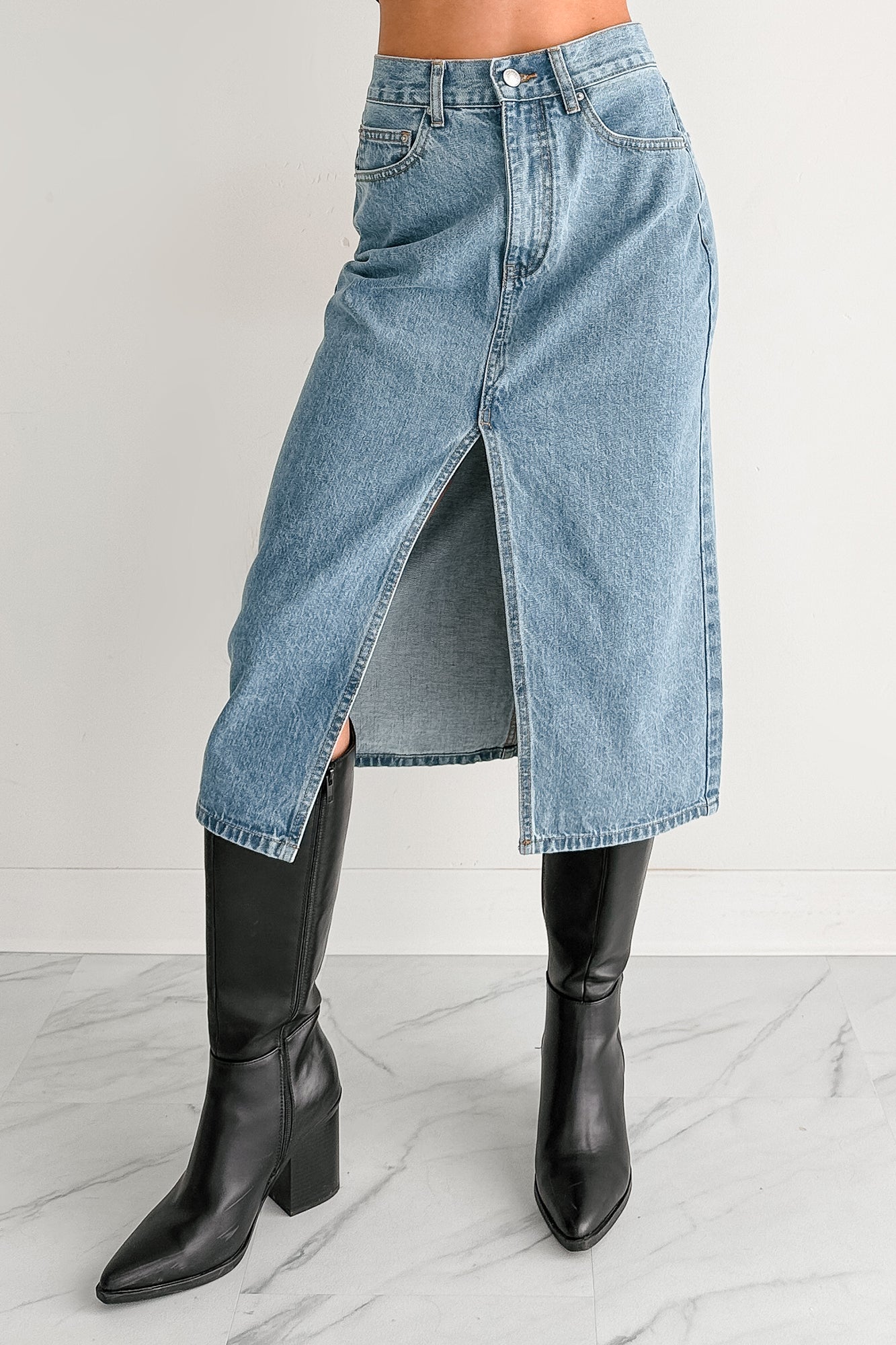 Stay Always Front Slit Midi Skirt (Medium Denim) · NanaMacs