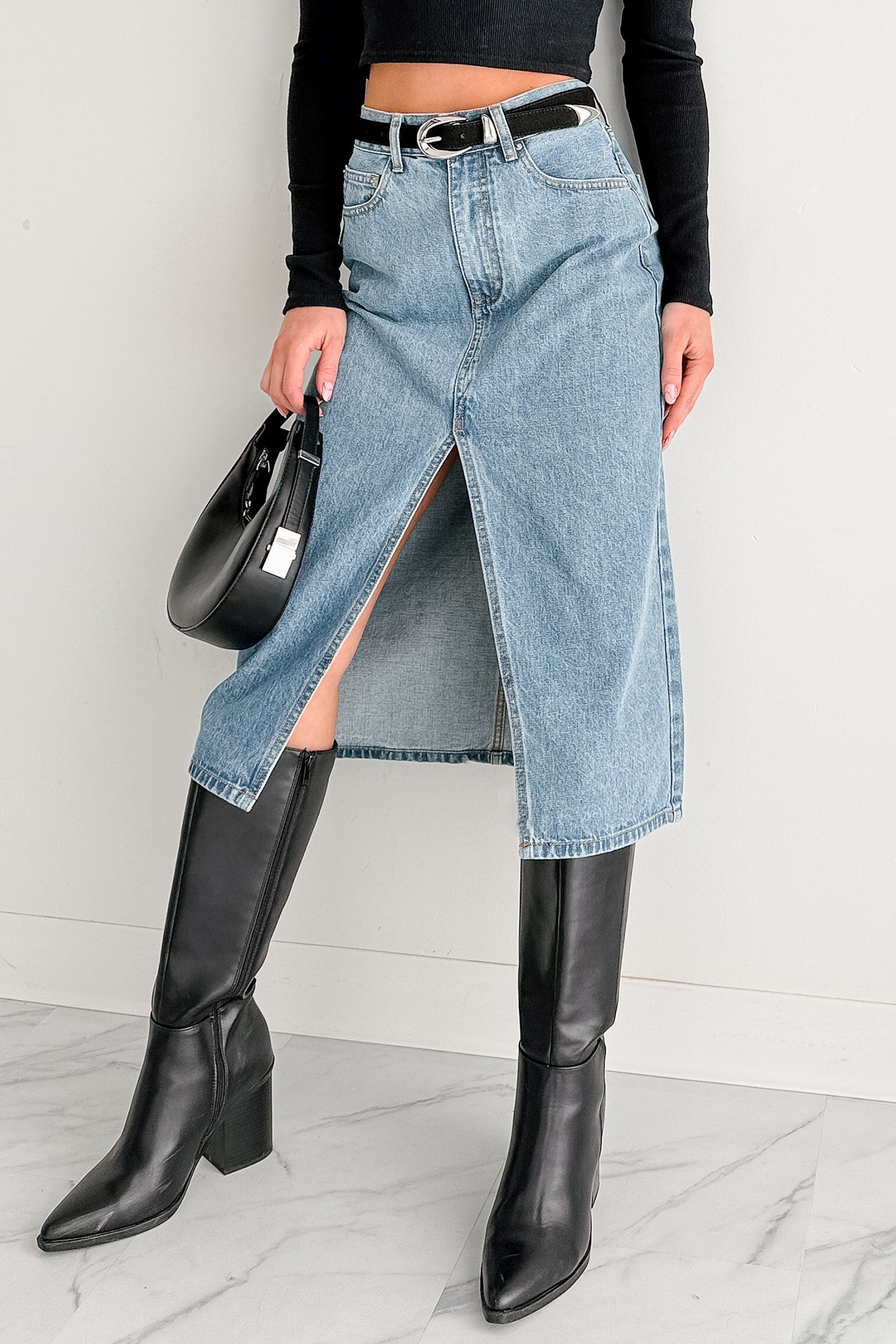Stay Always Front Slit Midi Skirt (Medium Denim) · NanaMacs
