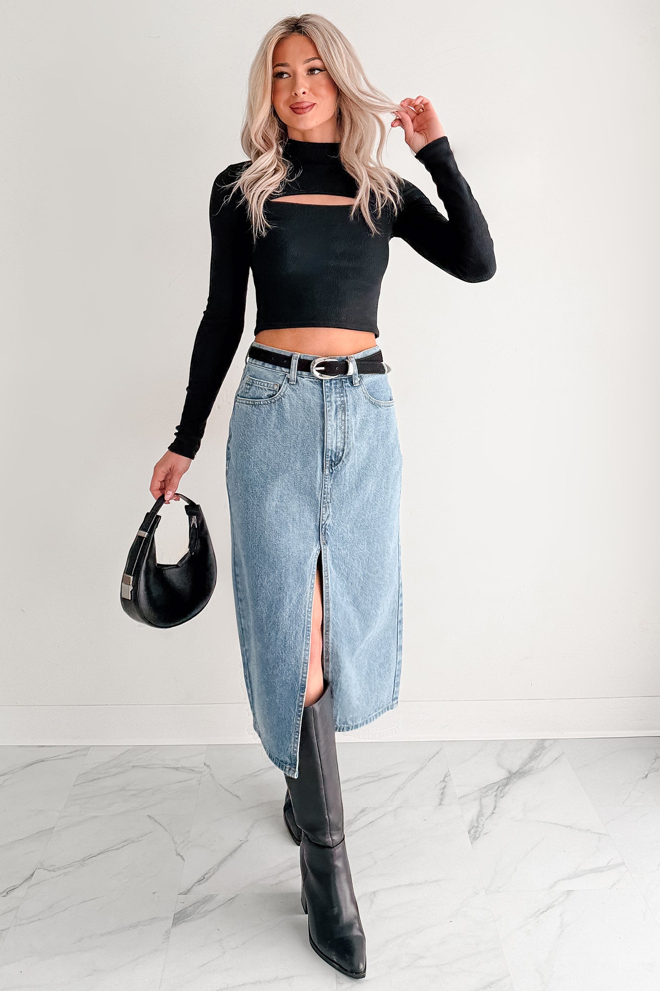 Leigh Long Sleeve Peekaboo Mock Neck Top (Black) - NanaMacs