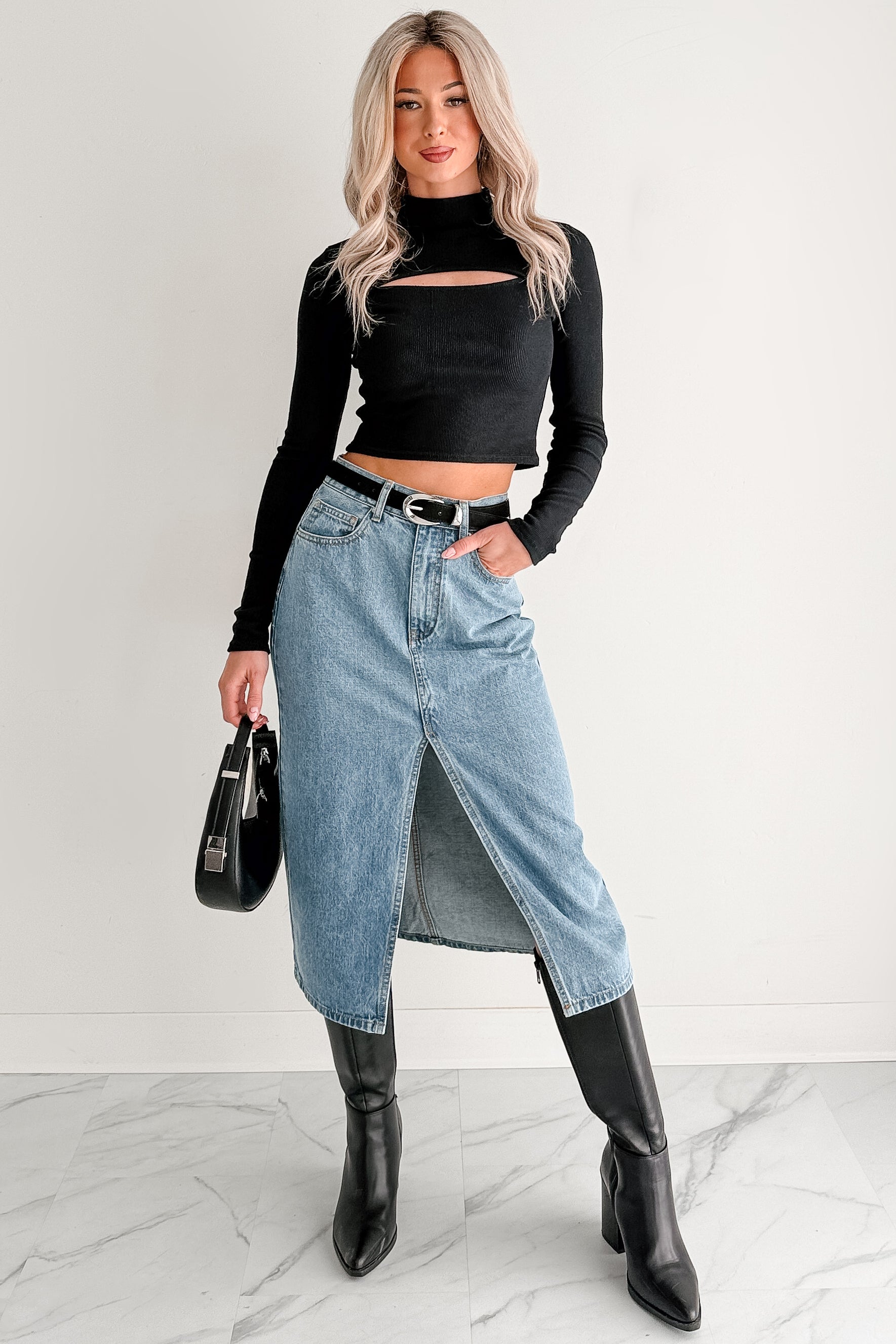 Stay Always Front Slit Midi Skirt (Medium Denim) · NanaMacs