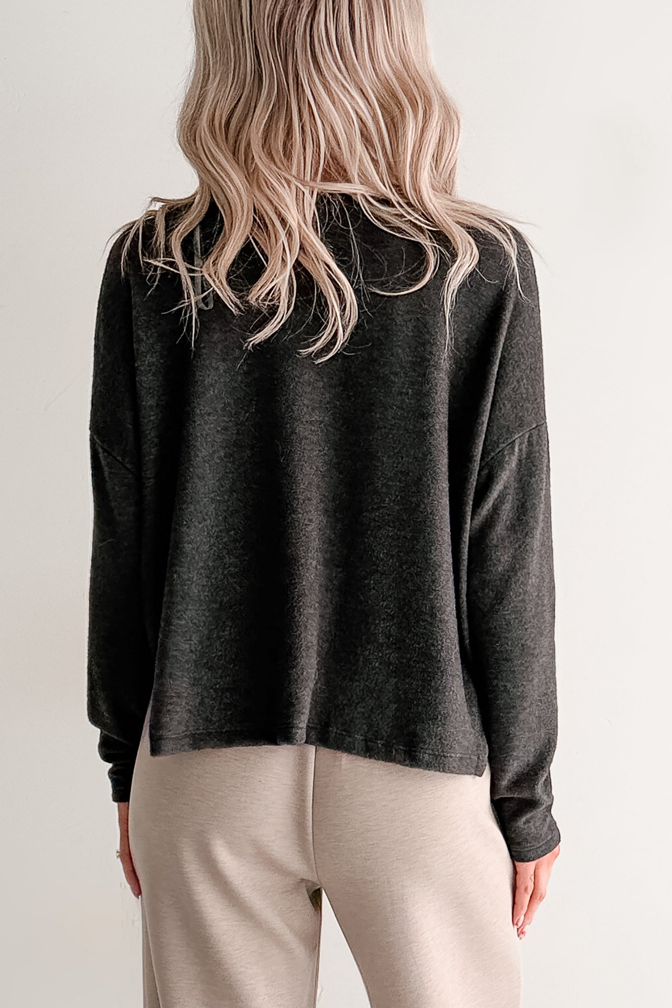 I Won't Mind Charcoal Fleece V-Neck Long Sleeve Top (Charcoal) - NanaMacs