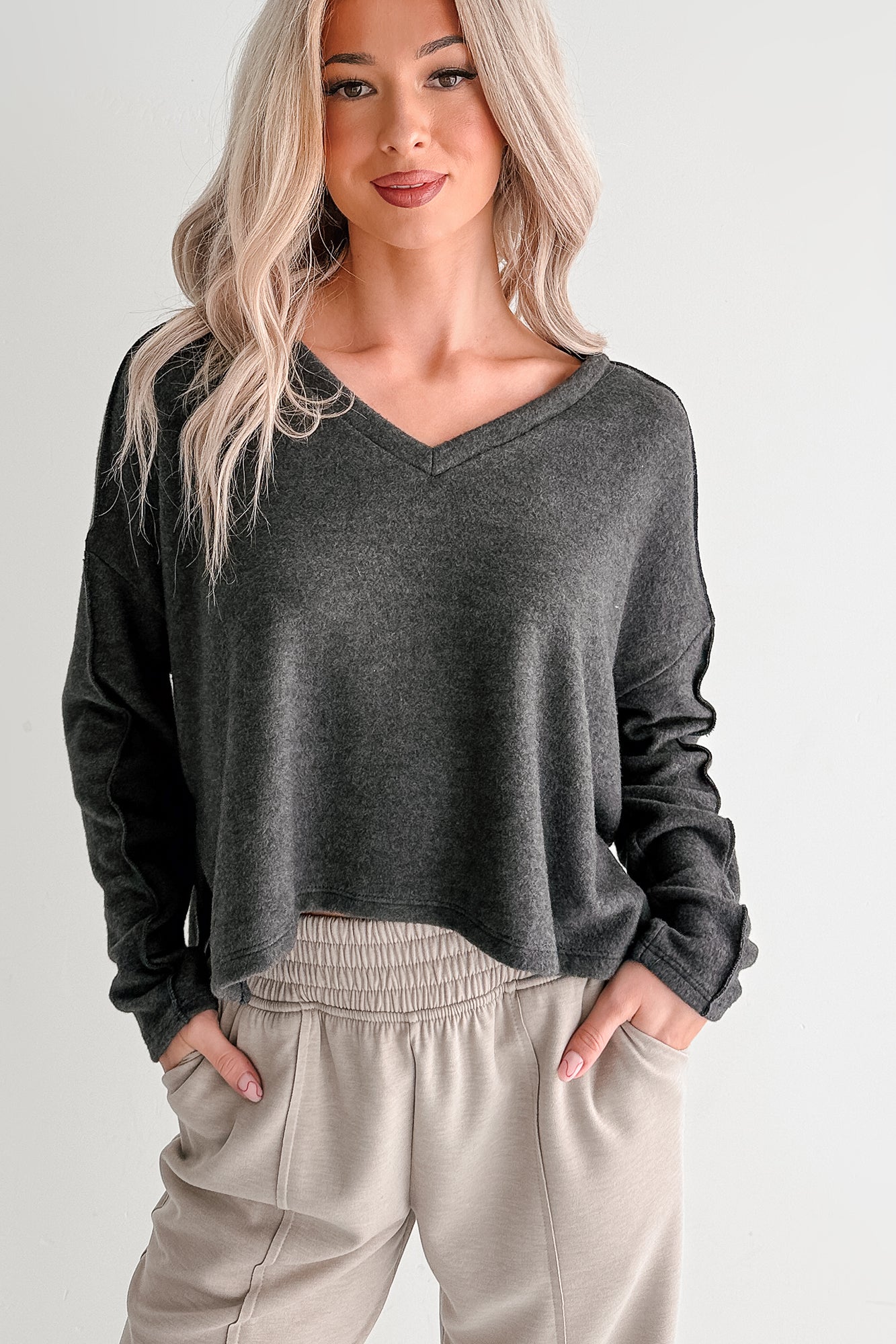 I Won't Mind Charcoal Fleece V-Neck Long Sleeve Top (Charcoal) - NanaMacs