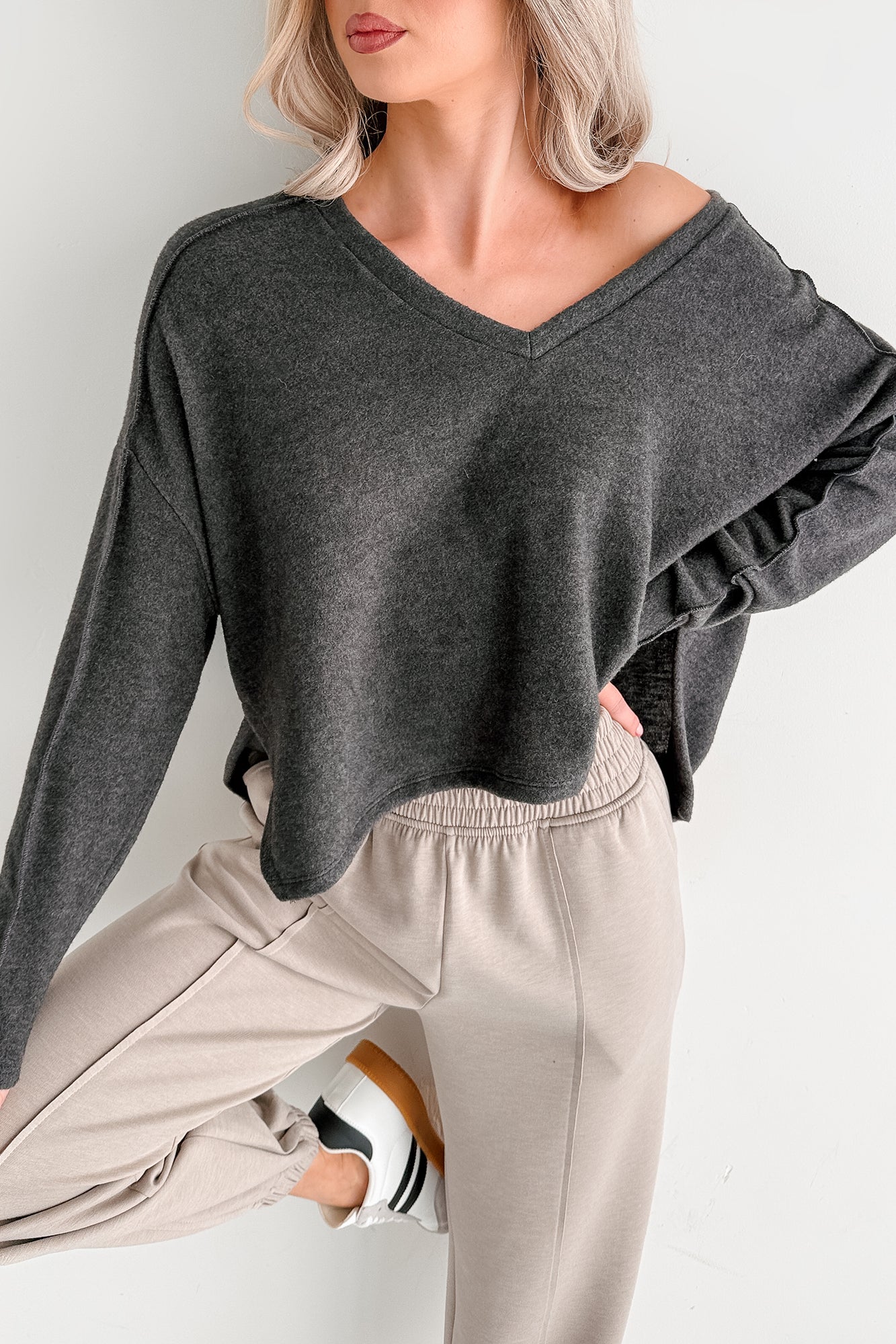 I Won't Mind Charcoal Fleece V-Neck Long Sleeve Top (Charcoal) - NanaMacs