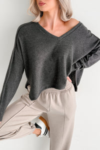 I Won't Mind Charcoal Fleece V-Neck Long Sleeve Top (Charcoal) - NanaMacs