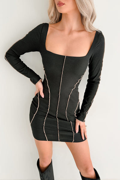 Flirty & Thriving Contrast Stitch Bodycon Dress (Black) - NanaMacs