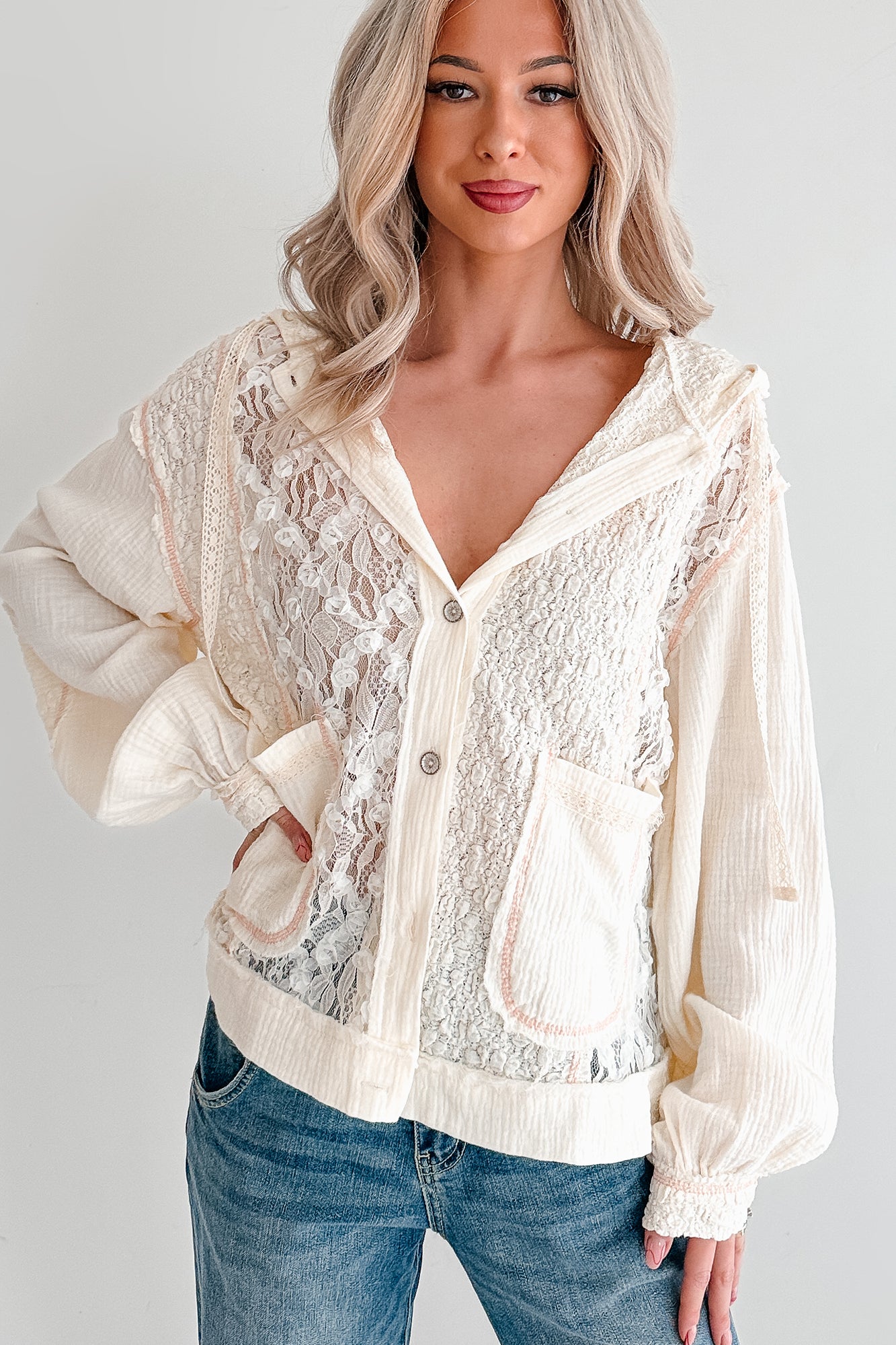 Trouble Please Textured POL Hooded Shacket (Natural)