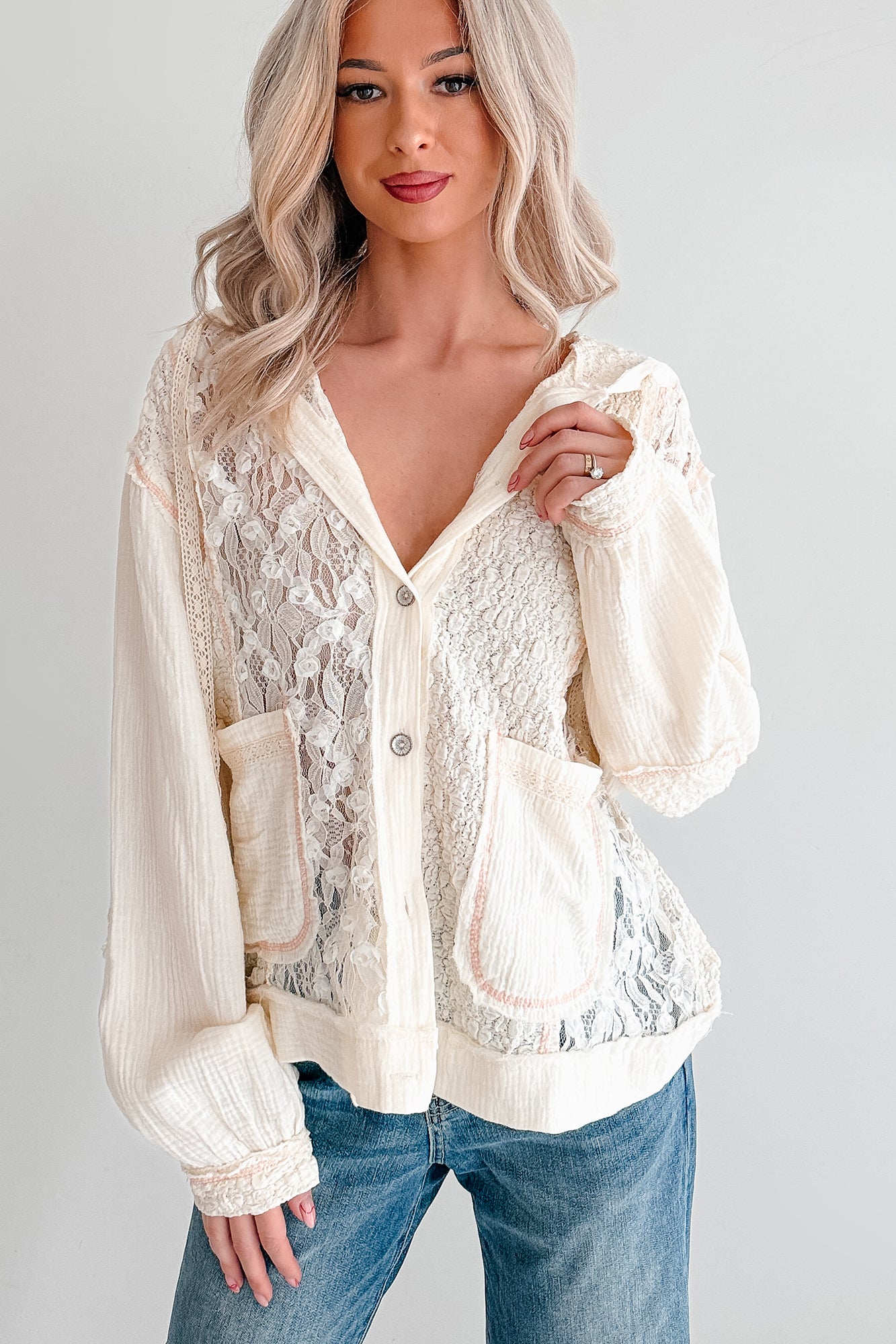 Trouble Please Textured POL Hooded Shacket (Natural)